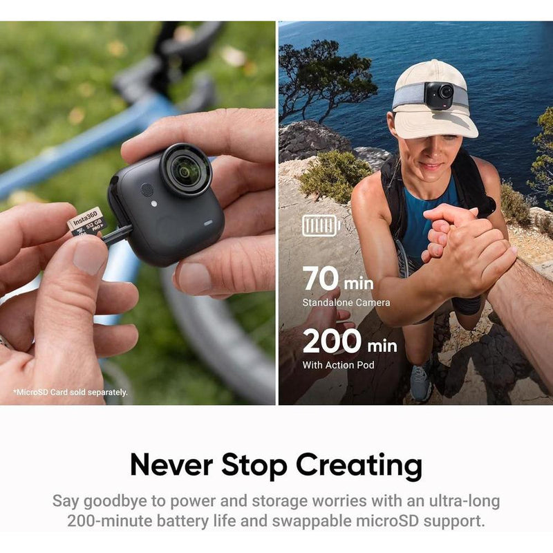 Cámara Insta360 GO Ultra 4K para Vlogging, Manos Libres, Sensor 1/1.28", Peso Ligero, con Batería de 200 Min, Magnética, Negra