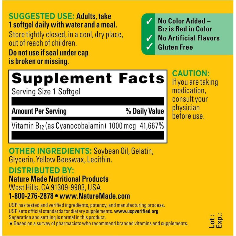 Nature Made Vitamina B12, suplemento dietético para el soporte del metabolismo energético, 150 cápsulas blandas