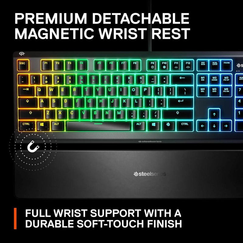 Teclado SteelSeries Apex 3 RGB con iluminación de 10 zonas, resistencia al agua y reposamuñecas magnético para juegos silenciosos