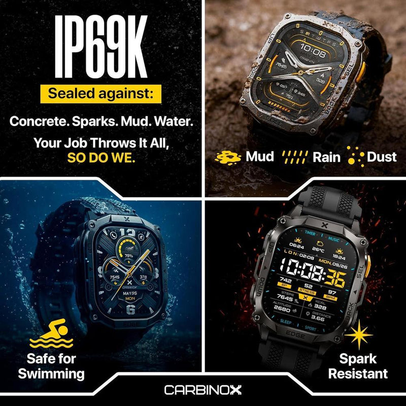 CARBINOX Smartwatch resistente con pantalla AMOLED, acero inoxidable, IP69K/5ATM, GNSS dual, batería 500mAh, Bluetooth
