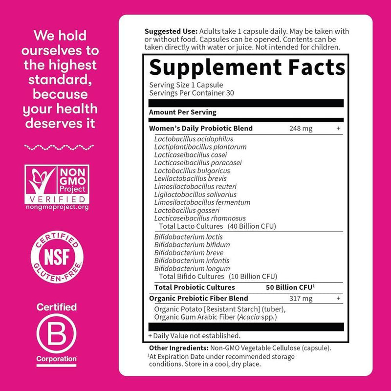 Suplemento probiótico para mujeres, formulado para salud digestiva e inmunitaria, sin gluten. Contiene 30 cápsulas