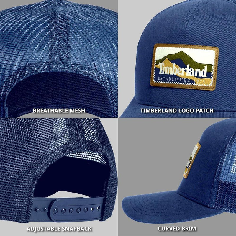 Gorra Trucker Timberland para hombre con parche de montaña, diseño clásico, malla ajustable y visera curva