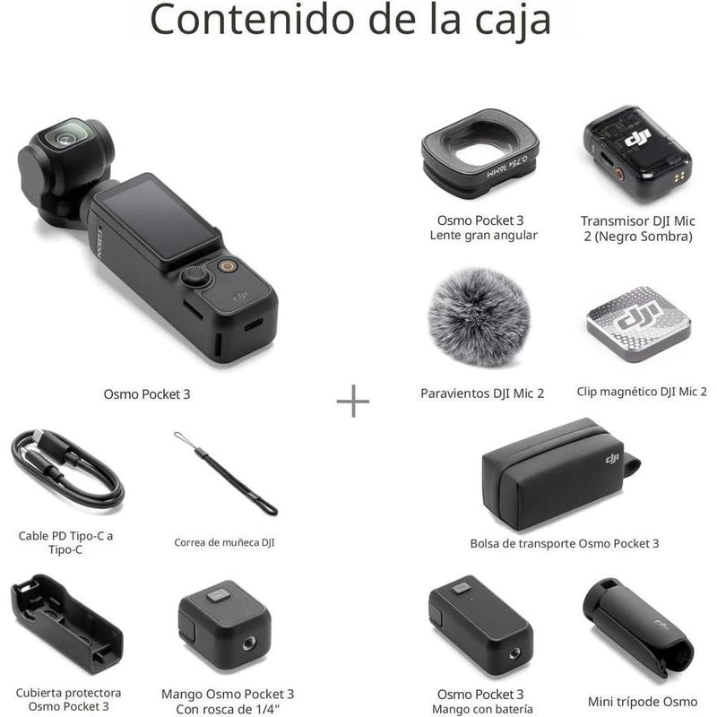 DJI Osmo Pocket 3 Creator Combo, cámara para vlogging 4K con estabilización de 3 ejes, micrófono incluido, seguimiento facial