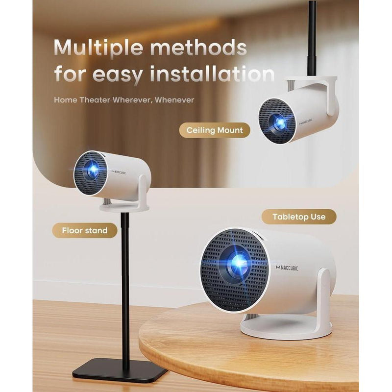 Miniproyector Magcubic HY300PRO con capacidad 4K, corrección trapezoidal y rotación de imagen, ideal para uso en hogar y exteriores