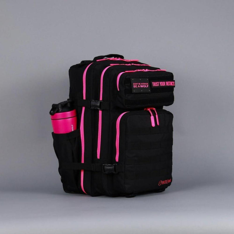 WOLFpak Mochila para portátil 45L rosa neón, táctica y resistente al agua, con parches personalizables y apertura de 180 grados