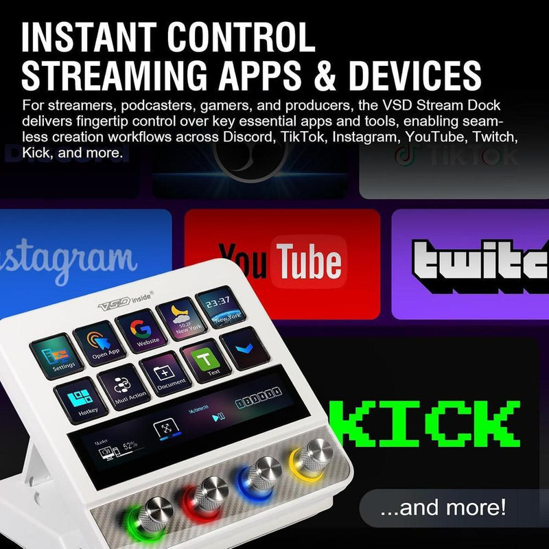 Controlador de streaming VSDINSIDE con teclas programables, macros, efectos sonoros y soporte ergonómico, compatible con Mac y PC