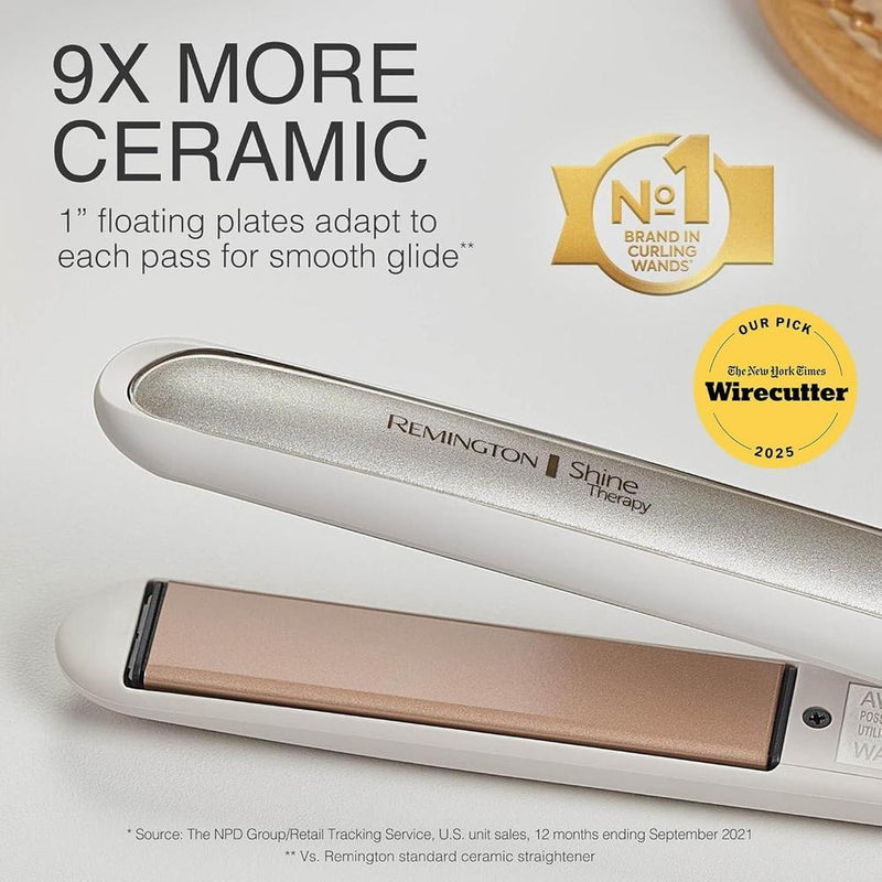 Plancha Remington Shine Therapy infundida con aceite de argán y queratina para un acabado profesional y sin encrespamientos