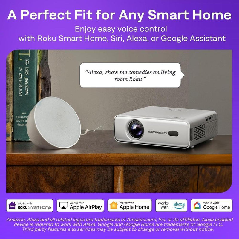 Proyector inteligente Aurzen Roku TV con WiFi y Bluetooth, experiencia de streaming Roku, 1080P FHD, audio Dolby, enfoque automático