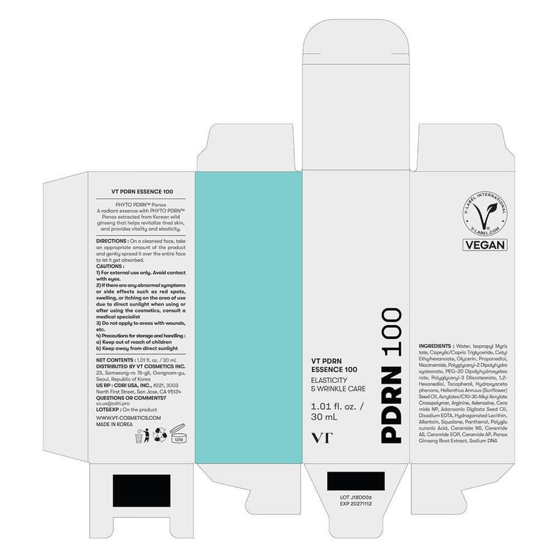 VT COSMETICS PDRN 100 Essence, suero de brillo intensivo vegano con PDRN, restauración y relleno de la piel, hidratante y reafirmante