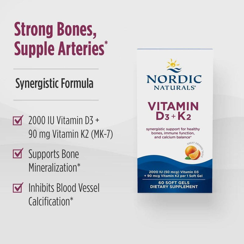 Vitaminas D3 + K2 de Nordic Naturals, sabor naranja, soporte óseo e inmunológico, no transgénico, 60 cápsulas blandas