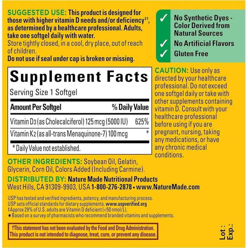 Nature Made Suplemento de Vitamina D3 y K2 para salud ósea, dental, muscular e inmunológica, 30 cápsulas blandas