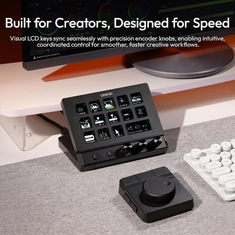ULANZI D200X Creative Deck - Teclado macro con 14 teclas LCD, 3 perillas de codificador y concentrador 8 en 1 para edición de video