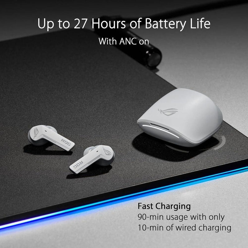 Asus Rog Cetra Audífonos Bluetooth Cancelación Activa Ruido, Carga Inalámbrica, IpX4, Blanco, 27Hrs Batería