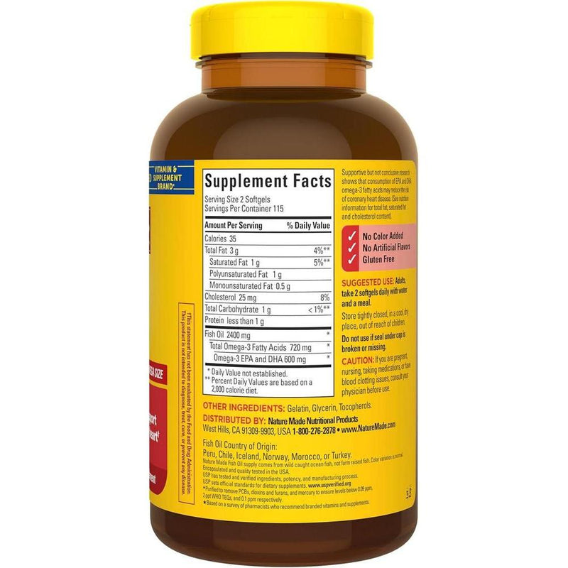 Nature Made Aceite de Pescado Omega 3, 1200 mg, Apoyo para el Corazón, 230 Cápsulas Blandas, Suministro 115 Días