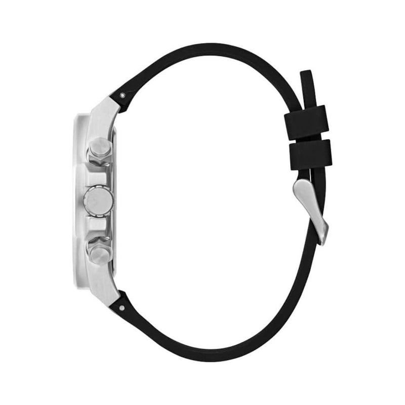 GUESS Reloj de pulsera para hombre, caja de acero inoxidable resistente al agua, banda de silicona, movimiento de cuarzo exacto