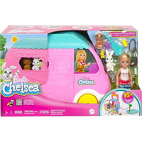 Barbie Camper Chelsea Playset 2-en-1 con Muñeca Pequeña, 2 Mascotas y 15 Accesorios - Exclusivo de Amazon