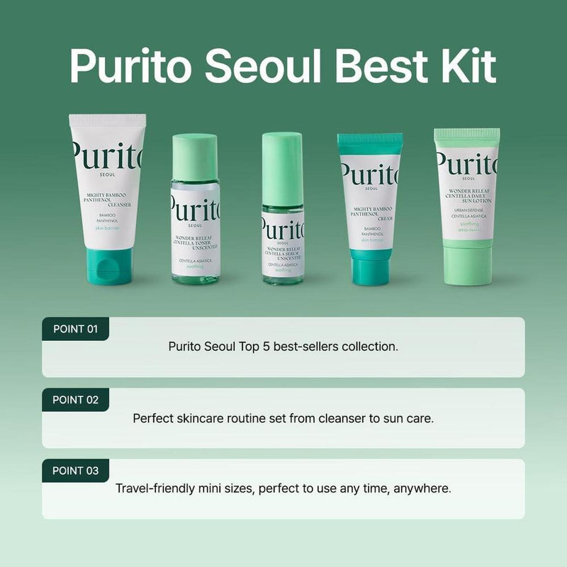 PURITO SEOUL Best Kit - Rutina de cuidado facial con limpiador, suero, tónico y crema, para todo tipo de piel, set de regalo K-Beauty