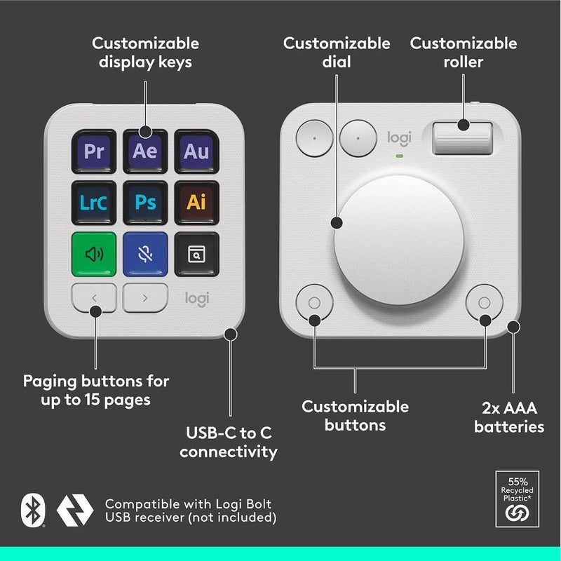 Logitech MX Creative Console con 9 teclas LCD personalizables y dial de control para Adobe y Spotify, gris pálido