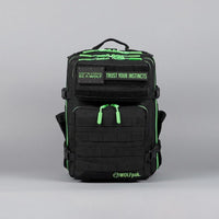 WOLFpak Mochila 25L negro verde neón, resistente al agua, personalizada con parches, ideal para viajes y uso diario
