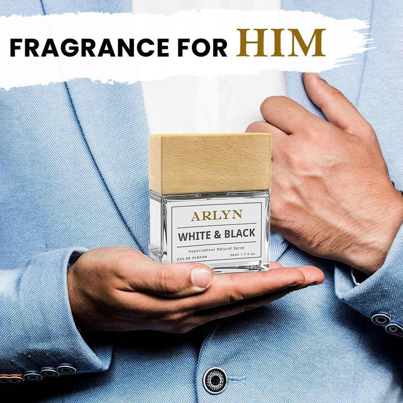 ARLYN White & Black Eau de Parfum, fragancia de larga duración para hombre, vegana y libre de crueldad con notas cítricas y amaderadas