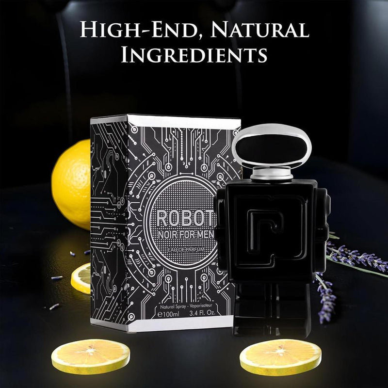 Robot Noir para hombre, fragancia fresca de madera con cardamomo, ruibarbo, bergamota, limón, vainilla y vetiver haitiano