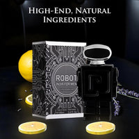 Robot Noir para hombre, fragancia fresca de madera con cardamomo, ruibarbo, bergamota, limón, vainilla y vetiver haitiano