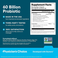 Probióticos Physician's CHOICE, 60 mil millones UFC, 10 cepas y prebióticos orgánicos para salud digestiva, intestinal e inmunológica