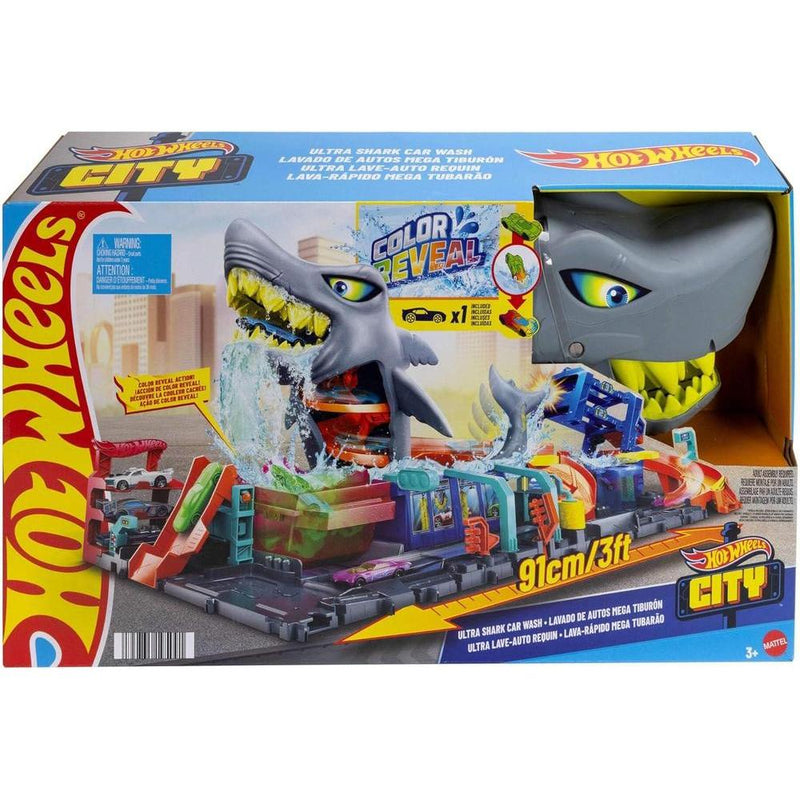 Set de pista Hot Wheels City con lavado de autos Shark Ultra, vehículo a escala 1:64 color cambiante y almacenamiento