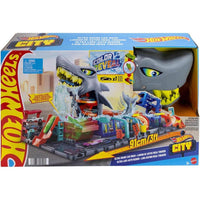 Set de pista Hot Wheels City con lavado de autos Shark Ultra, vehículo a escala 1:64 color cambiante y almacenamiento