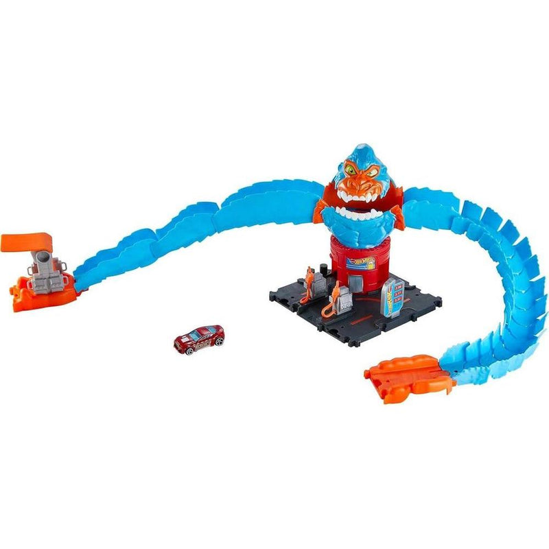 Hot Wheels City Wreck & Ride Gorilla Attack con 1 auto, conecta a otros sets, set temático estación de gasolina
