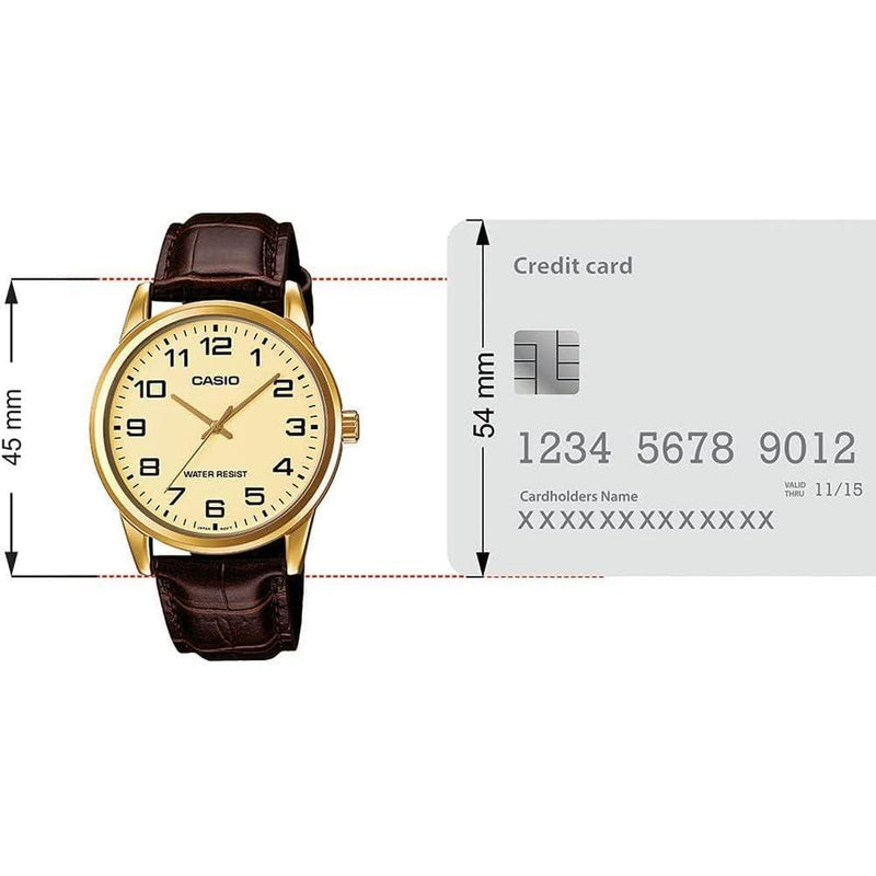 Casio Reloj de cuarzo de acero inoxidable para hombre, correa de cuero marrón, modelo EAW-MTP-V001GL-9B