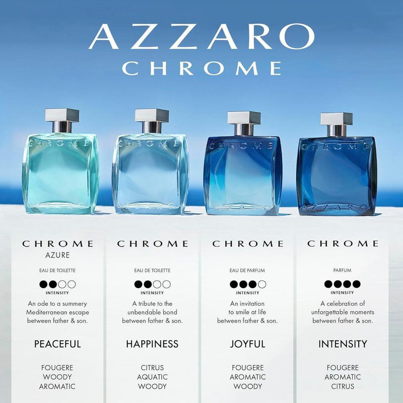 Azzaro Eau de Toilette cromo para hombre, fragancia cítrica, amaderada y almizclada, clásico aroma de verano, uso diario