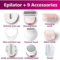 Philips Epilator Series 8000 5 en 1 Afeitadora para Mujer, Recortadora, Pedicura y Exfoliante Corporal con 9 Accesorios, BRE740/14