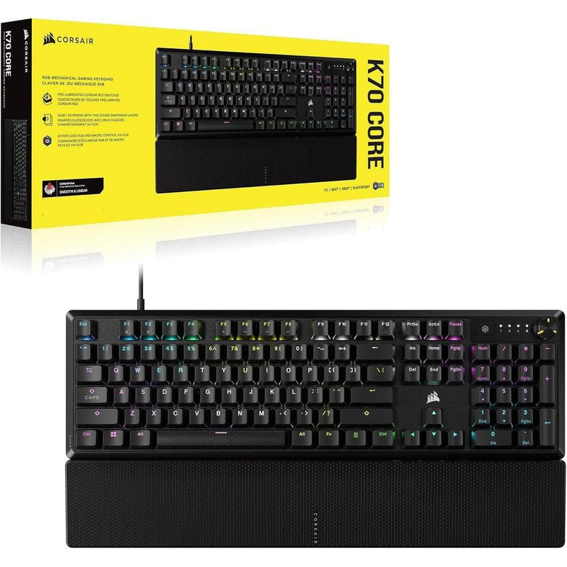 Teclado mecánico CORSAIR K70 CORE RGB para juegos, reposamanos, interruptores lineales rojos, control multimedia.