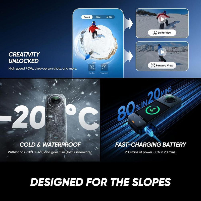 Insta360 X5 Essentials Bundle - Cámara 360° 8K, impermeable, bajo ruido, estabilización, lente reemplazable, batería 208 min