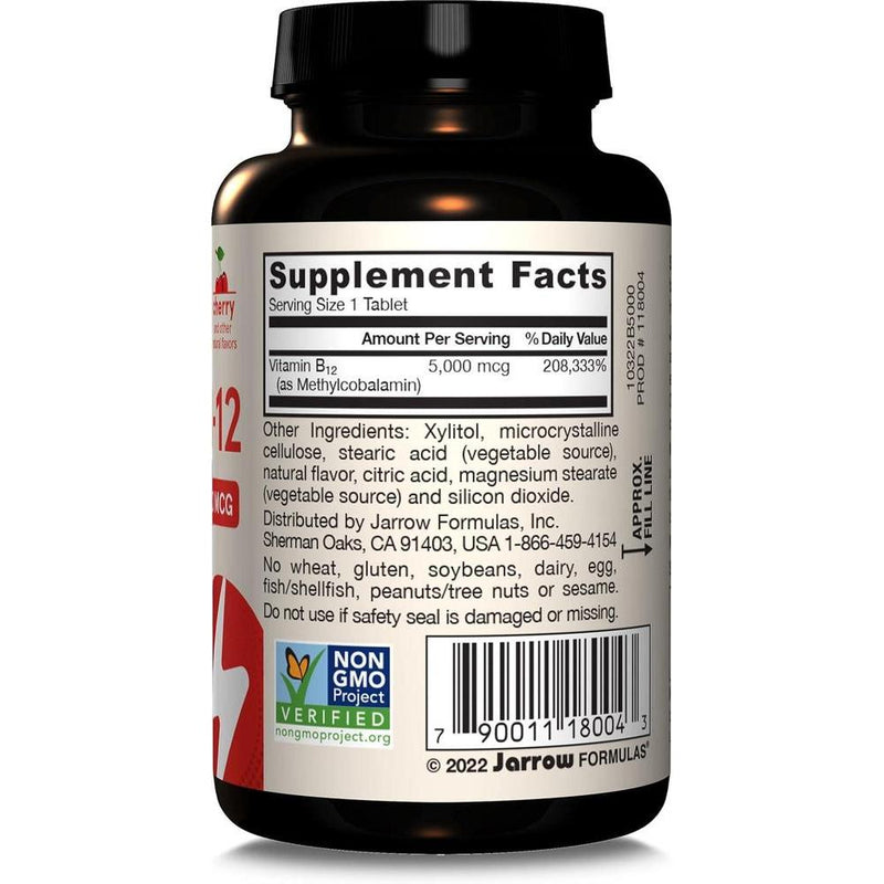 Jarrow Formulas Vitamina B12 Masticable Metilcobalamina 5000 mcg - Sabor Natural a Fruta, Energía y Metabolismo