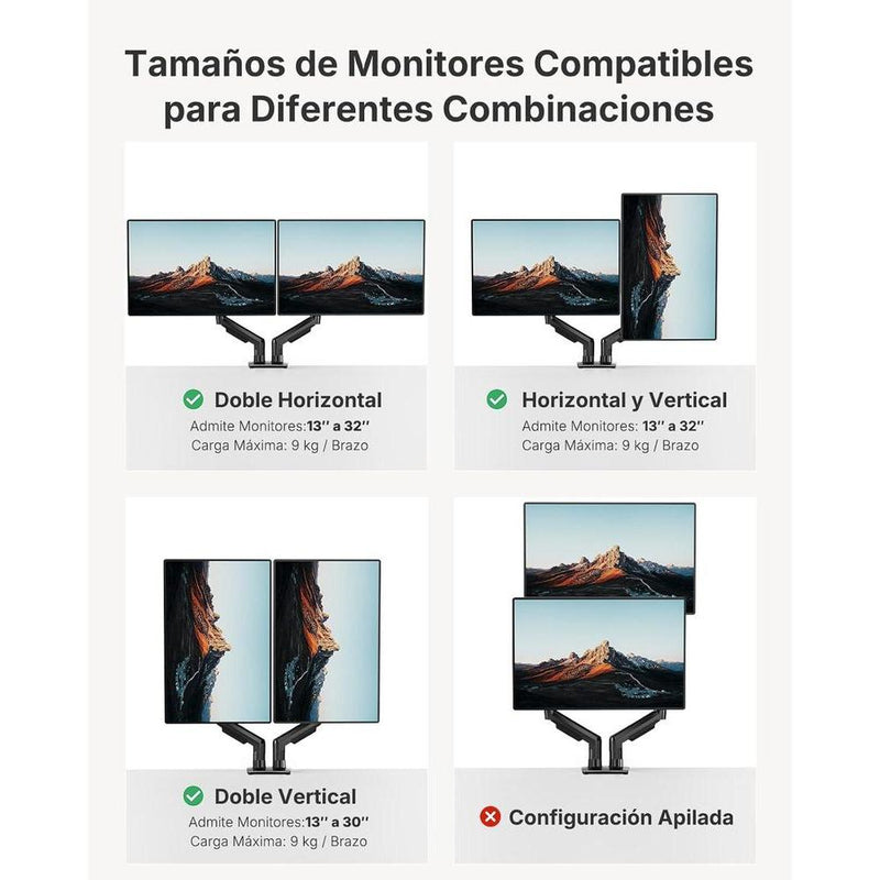 HUANUO FlowLift™ Soporte monitor doble ajustable VESA con abrazadera y base de ojales, cada brazo soporta hasta 9 kg