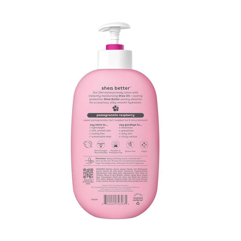 Eos Shea Better Loción corporal de granada frambuesa, cuidado de la piel las 24 horas, ligera y no grasosa, karité natural, vegano