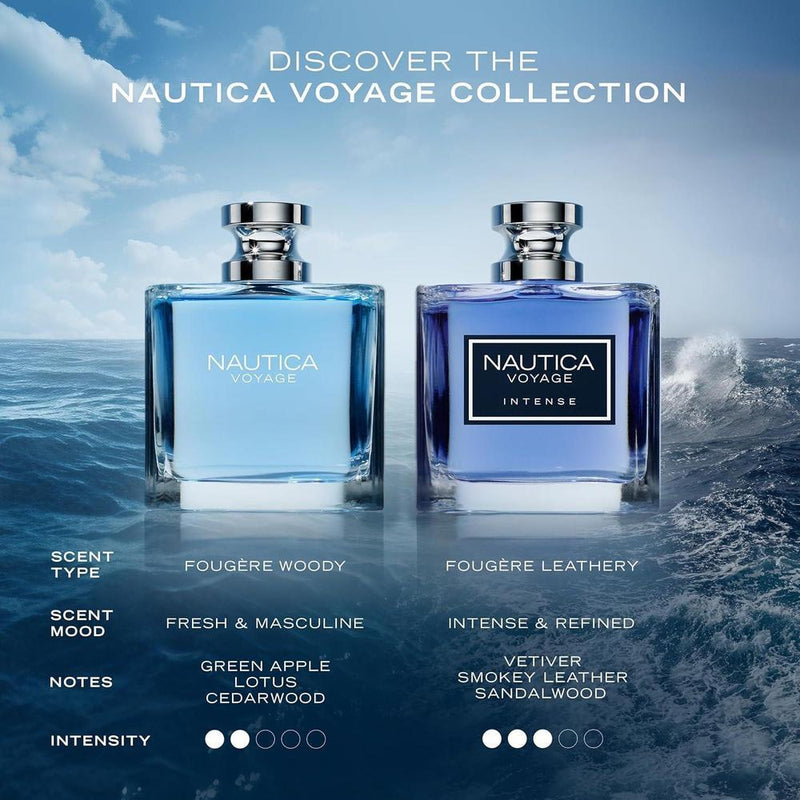 Nautica Voyage Eau de Toilette, fragancia masculina fresca con notas de manzana, loto indio y cedro, ideal para el uso diario