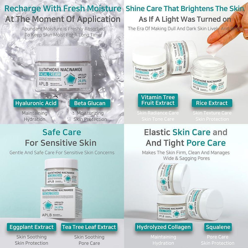 APLB Glutatión Niacinamida Crema Facial con LIPO GLUTA NIAC CEN, cuidado coreano de la piel, profunda hidratación y elasticidad mejorada