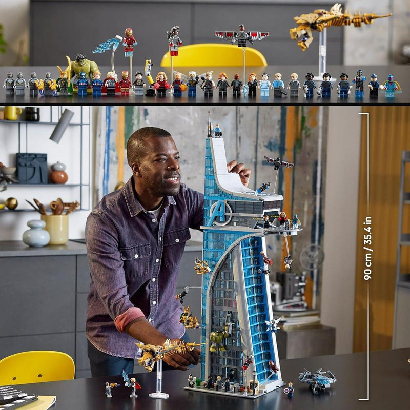Torre de los Vengadores de LEGO Marvel con 31 minifiguras y detalles de película para adultos fanáticos del universo Marvel