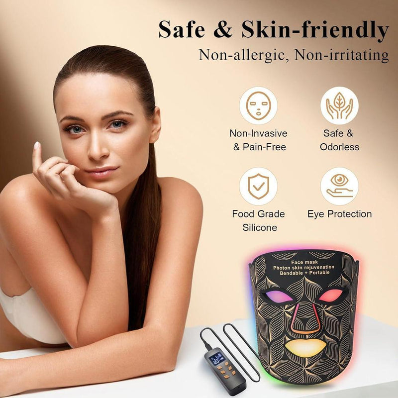 Mascarilla LED con terapia de luz roja e infrarroja, 7+1 colores para el cuidado facial avanzado. Recargable y portátil