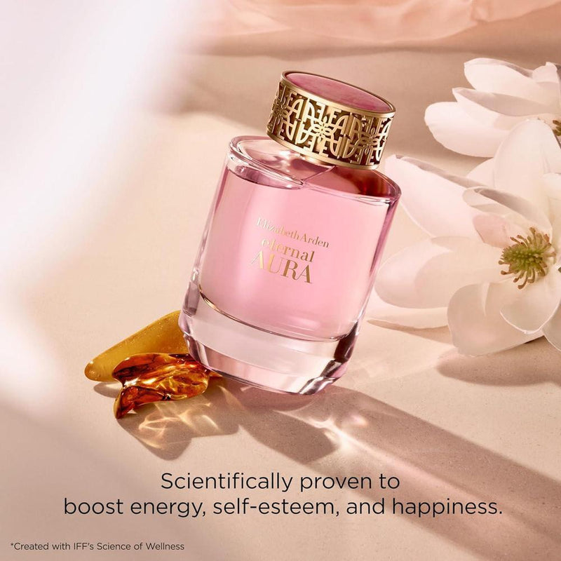 Perfume Eternal Aura Eau de Parfum Elizabeth Arden con notas de pimienta rosa, magnolia y sándalo, aroma floral y ámbar