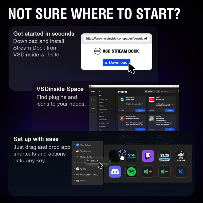 Controlador de streaming VSDINSIDE con teclas programables, macros, efectos sonoros y soporte ergonómico, compatible con Mac y PC