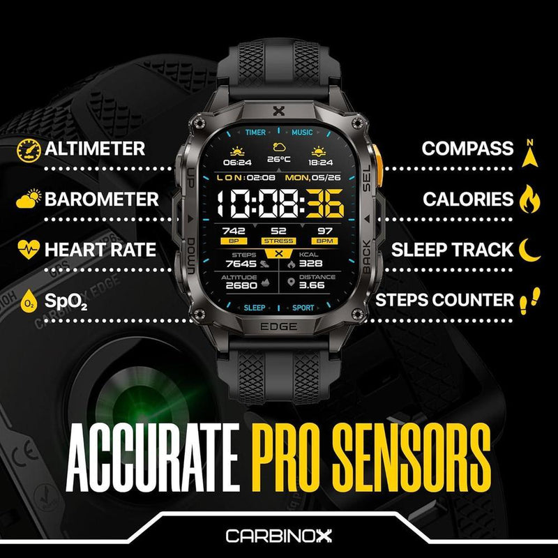 CARBINOX Smartwatch resistente con pantalla AMOLED, acero inoxidable, IP69K/5ATM, GNSS dual, batería 500mAh, Bluetooth