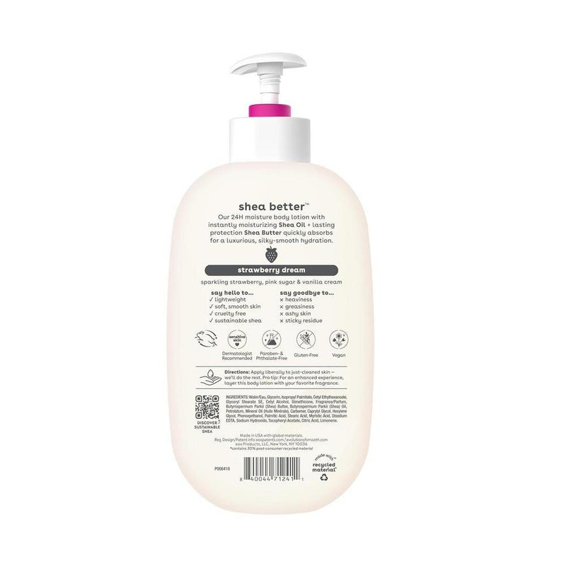 Eos Loción Corporal Shea Better Strawberry Dream, hidratante vegana 24 horas, aroma fresa, ligera y no grasa