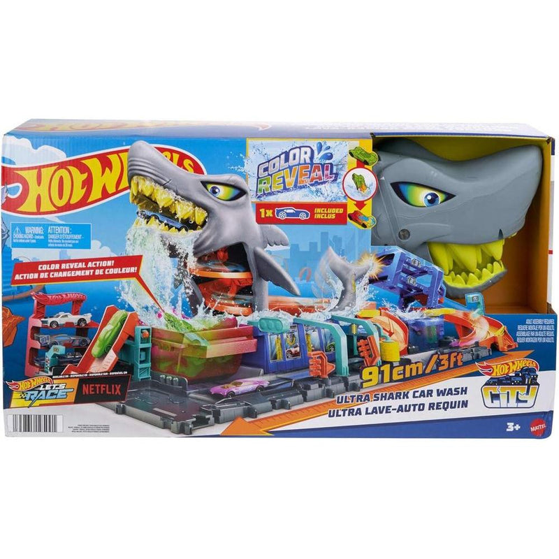 Set de pista Hot Wheels City con lavado de autos Shark Ultra, vehículo a escala 1:64 color cambiante y almacenamiento