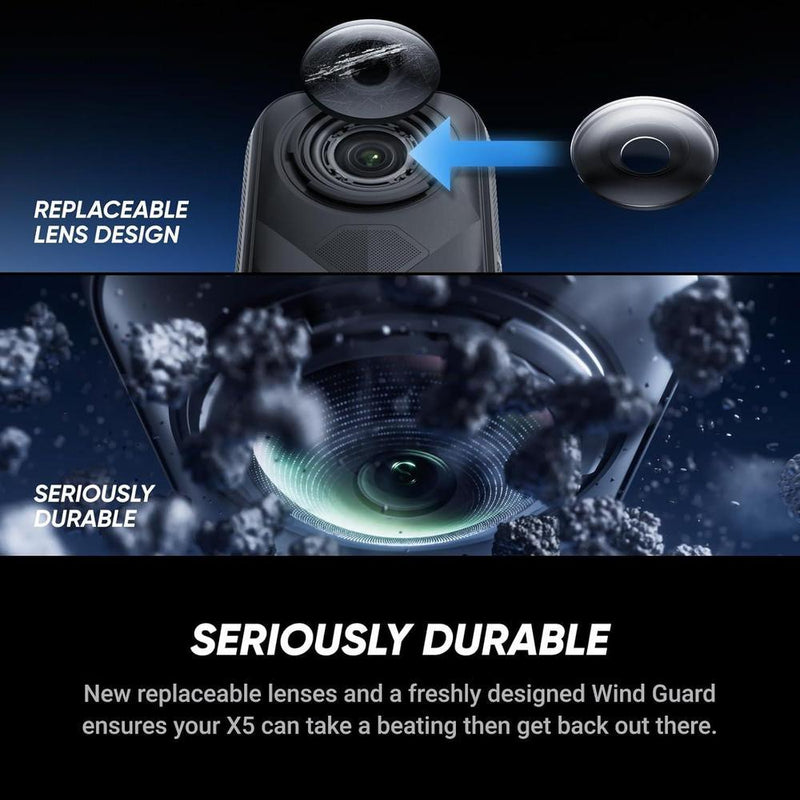Insta360 X5 Starter Bundle - Cámara de Acción 8K 360° Impermeable, Selfie Stick Invisible, Lentes Reemplazables, Batería Extensa