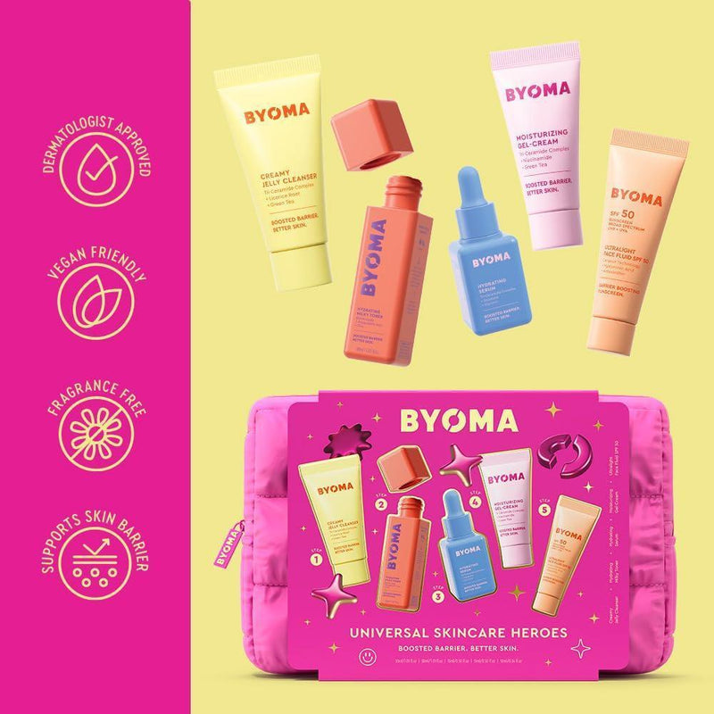 Skincare Heroes (Kit de 5 Piezas) - Set de Regalo de Cuidado de la Piel con Limpiador Tipo Jalea, Tónico Lechoso, Sérum Hidratante, Gel Crema y SPF 50