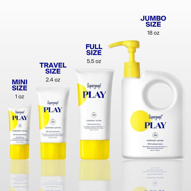 Supergoop! PLAY Everyday Lotion SPF 50 para cuerpo y rostro, ideal para días activos, rápida absorción, resistente al agua